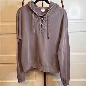 BKE Lace Up Hoodie Taupe Washed Oversized Sweatshirt L
